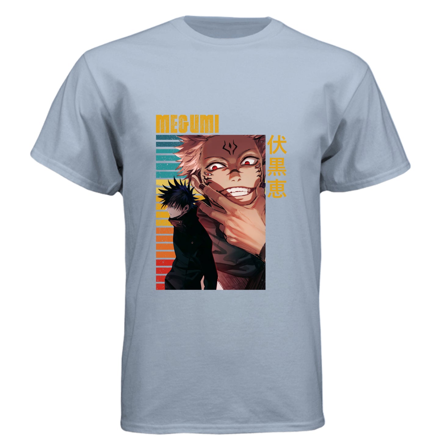 Vintage Stonewash Denim - FRONT Jujutsu Kaisen Megumi Fushiguro and Sukuna anime t-shirt featuring rainbow gradient split possession portrait design on unisex triblend fabric
