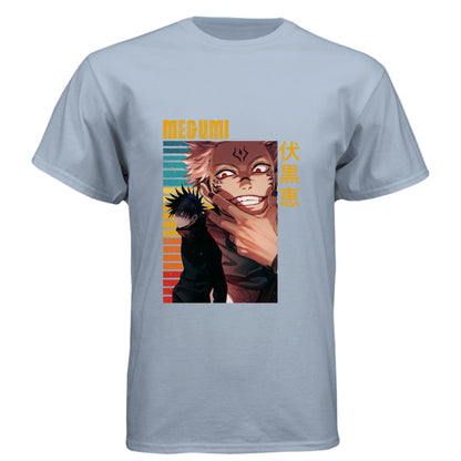 Vintage Stonewash Denim - FRONT Jujutsu Kaisen Megumi Fushiguro and Sukuna anime t-shirt featuring rainbow gradient split possession portrait design on unisex triblend fabric
