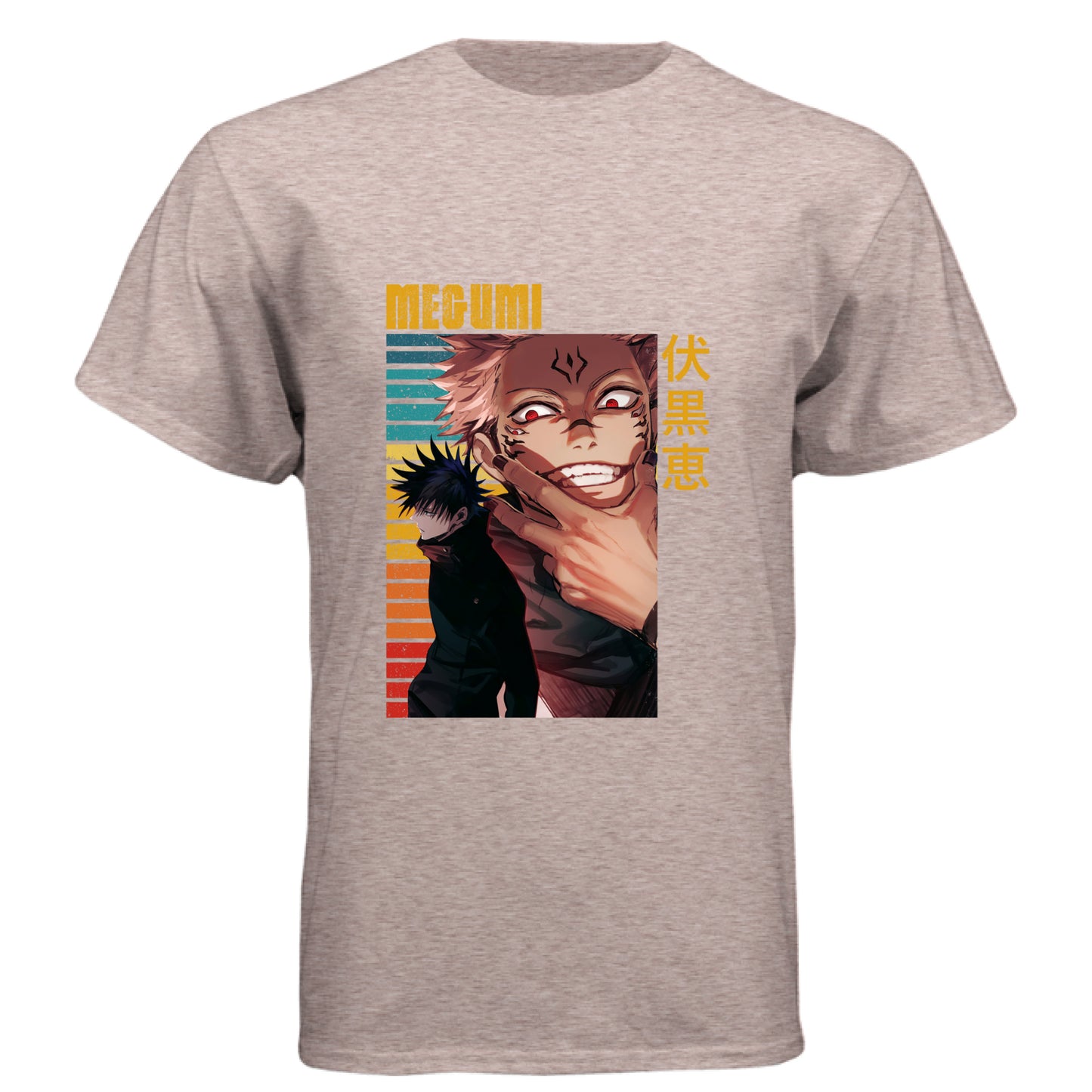 Desert Pink - FRONT Jujutsu Kaisen Megumi Fushiguro and Sukuna anime t-shirt featuring rainbow gradient split possession portrait design on unisex triblend fabric
