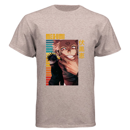 Desert Pink - FRONT Jujutsu Kaisen Megumi Fushiguro and Sukuna anime t-shirt featuring rainbow gradient split possession portrait design on unisex triblend fabric
