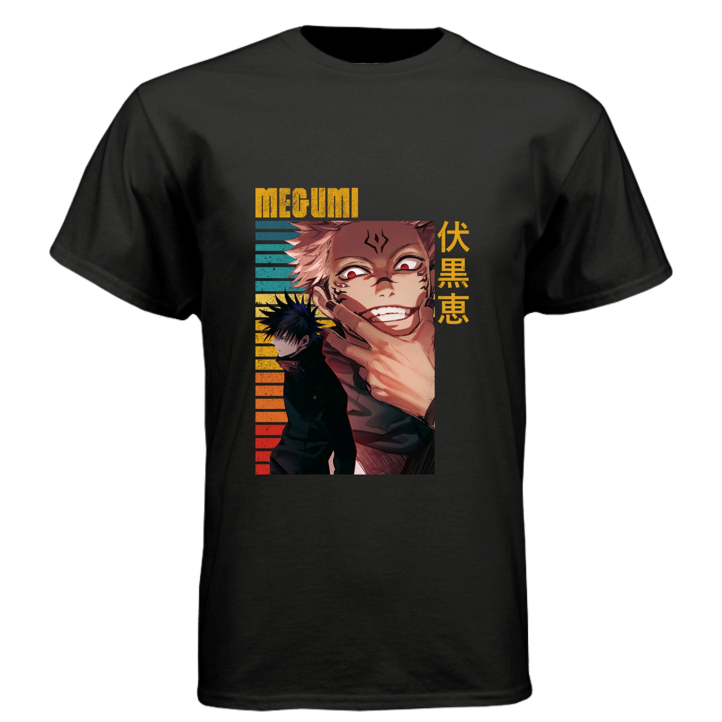 BLACK - FRONT Jujutsu Kaisen Megumi Fushiguro and Sukuna anime t-shirt featuring rainbow gradient split possession portrait design on unisex triblend fabric
