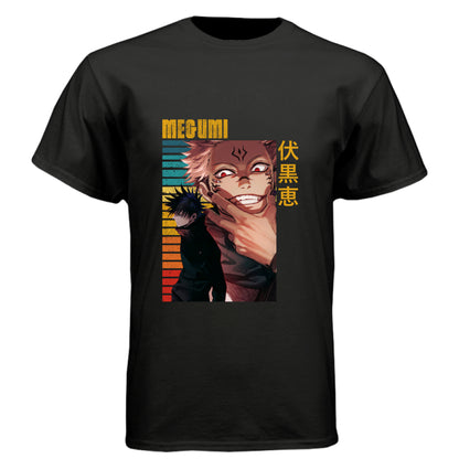 BLACK - FRONT Jujutsu Kaisen Megumi Fushiguro and Sukuna anime t-shirt featuring rainbow gradient split possession portrait design on unisex triblend fabric
