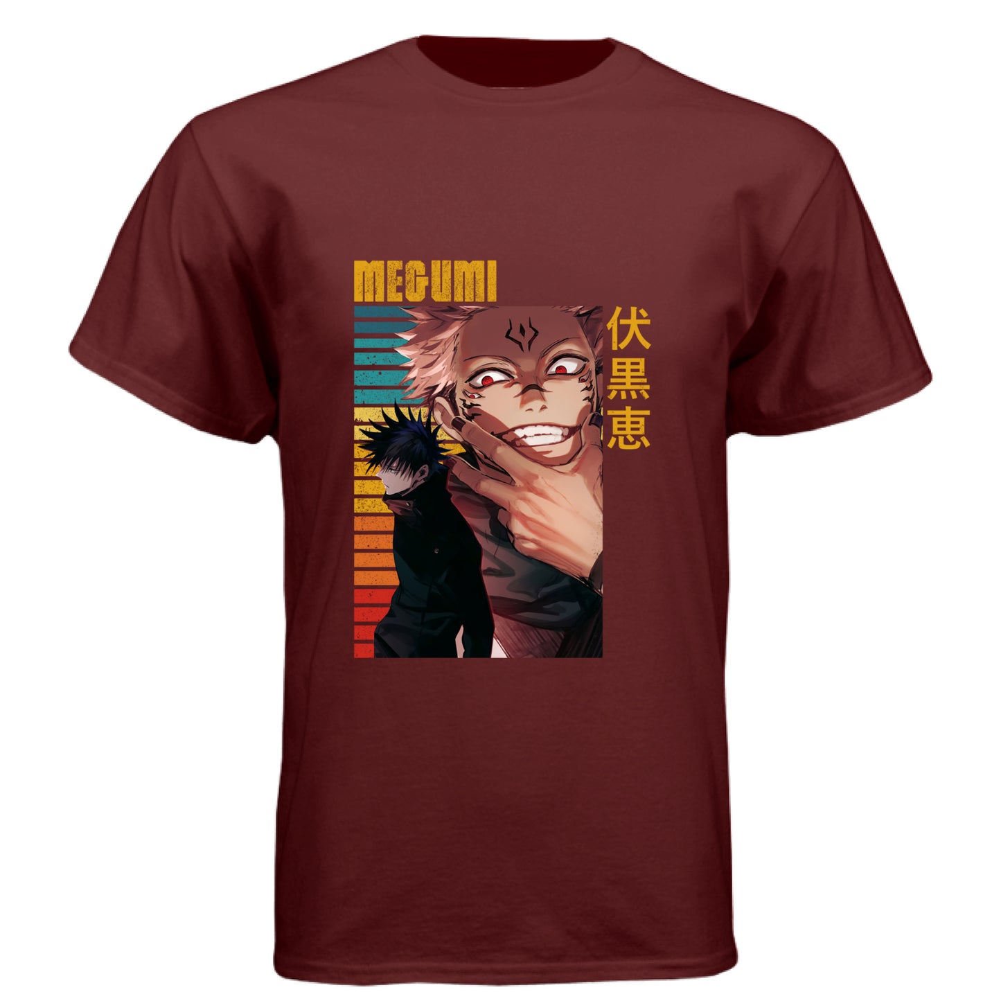 Cardinal Black - FRONT Jujutsu Kaisen Megumi Fushiguro and Sukuna anime t-shirt featuring rainbow gradient split possession portrait design on unisex triblend fabric
