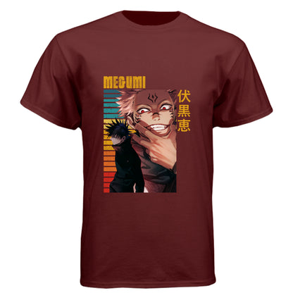Cardinal Black - FRONT Jujutsu Kaisen Megumi Fushiguro and Sukuna anime t-shirt featuring rainbow gradient split possession portrait design on unisex triblend fabric
