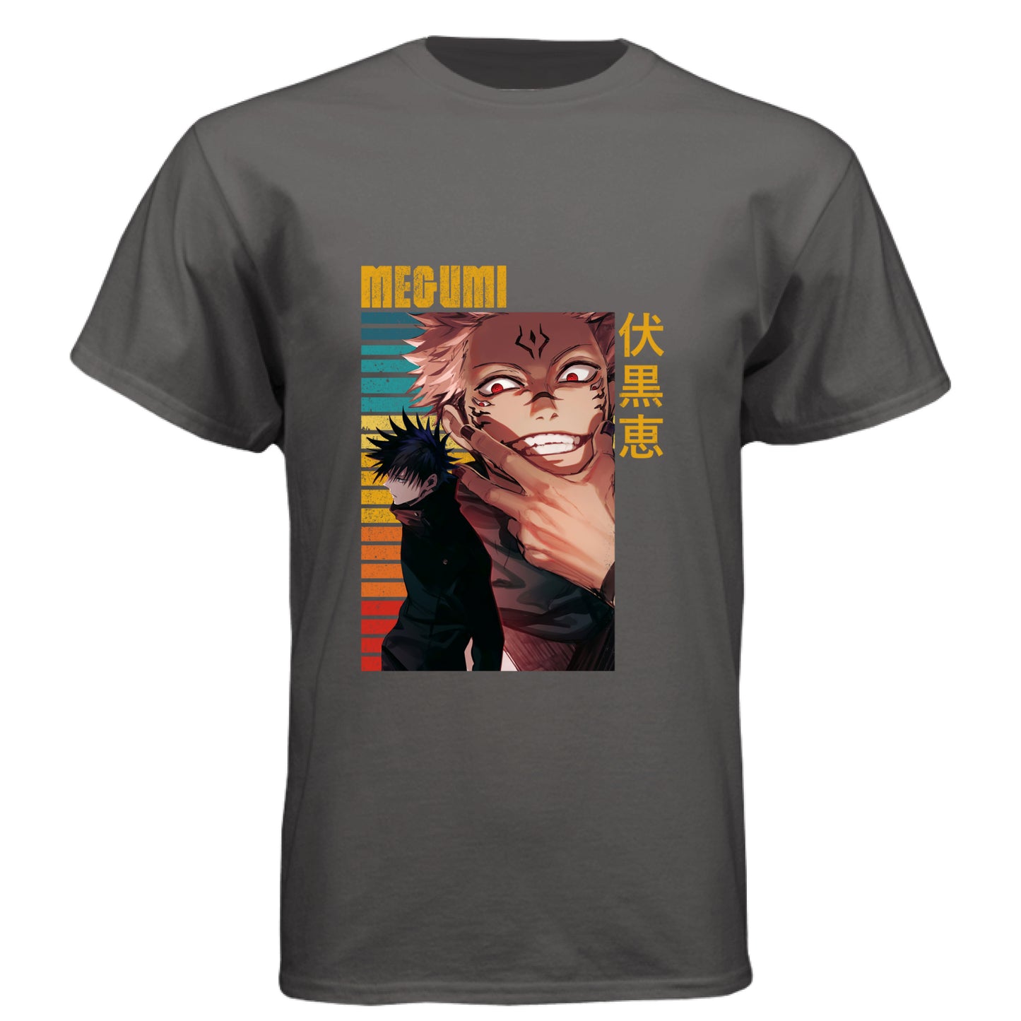 Graphite Black - FRONT Jujutsu Kaisen Megumi Fushiguro and Sukuna anime t-shirt featuring rainbow gradient split possession portrait design on unisex triblend fabric
