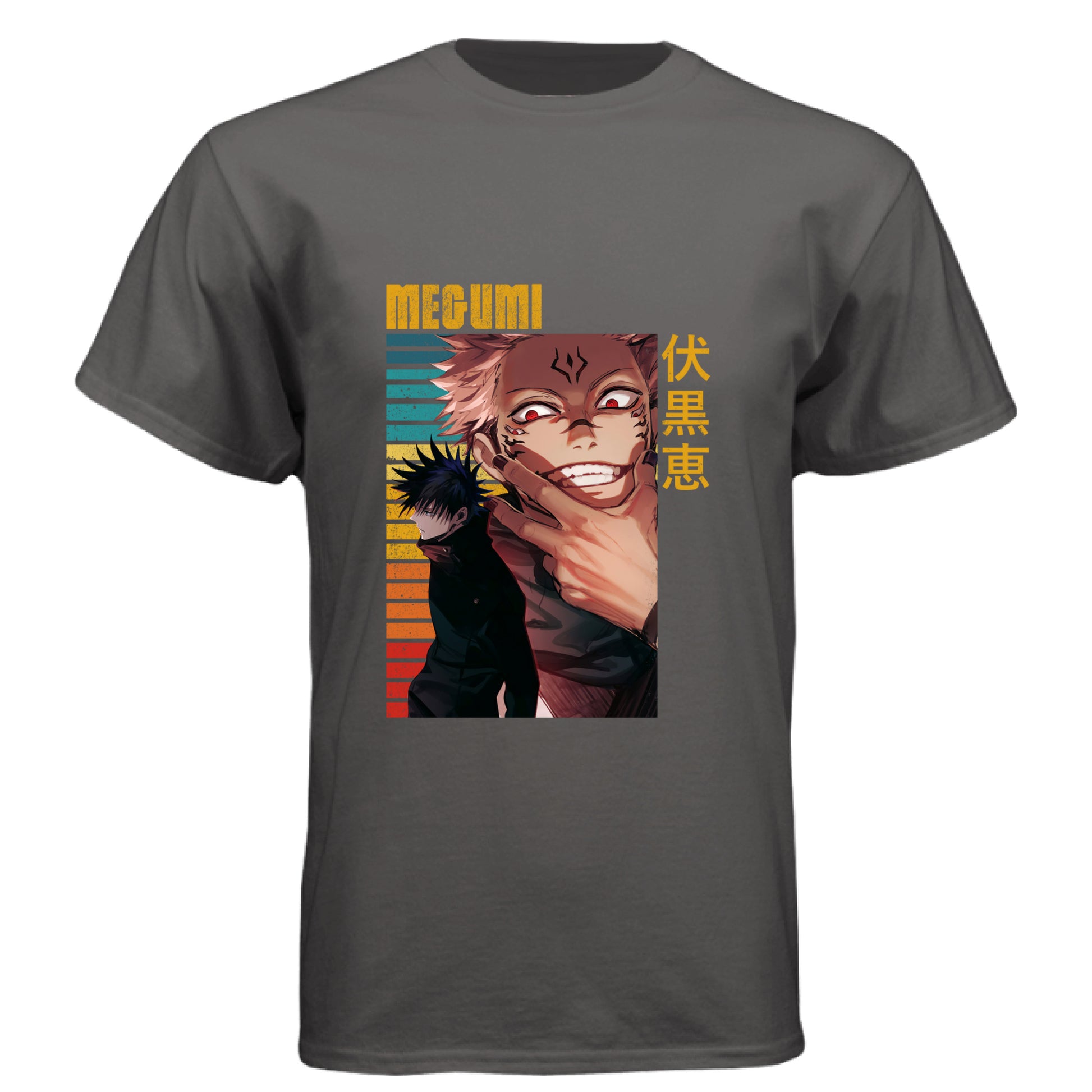 Graphite Black - FRONT Jujutsu Kaisen Megumi Fushiguro and Sukuna anime t-shirt featuring rainbow gradient split possession portrait design on unisex triblend fabric
