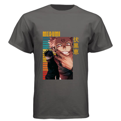 Graphite Black - FRONT Jujutsu Kaisen Megumi Fushiguro and Sukuna anime t-shirt featuring rainbow gradient split possession portrait design on unisex triblend fabric

