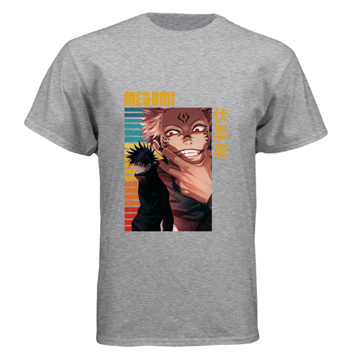 PREMIUM HEATHER - FRONT Jujutsu Kaisen Megumi Fushiguro and Sukuna anime t-shirt featuring rainbow gradient split possession portrait design on unisex triblend fabric
