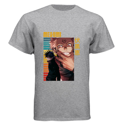 PREMIUM HEATHER - FRONT Jujutsu Kaisen Megumi Fushiguro and Sukuna anime t-shirt featuring rainbow gradient split possession portrait design on unisex triblend fabric
