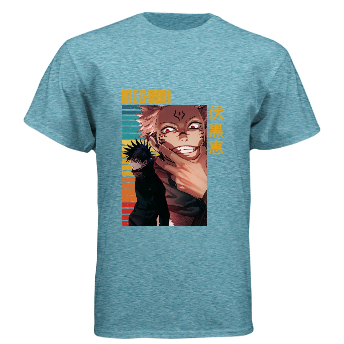 VINTAGE TURQ - FRONT Jujutsu Kaisen Megumi Fushiguro and Sukuna anime t-shirt featuring rainbow gradient split possession portrait design on unisex triblend fabric
