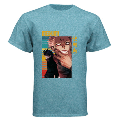 VINTAGE TURQ - FRONT Jujutsu Kaisen Megumi Fushiguro and Sukuna anime t-shirt featuring rainbow gradient split possession portrait design on unisex triblend fabric
