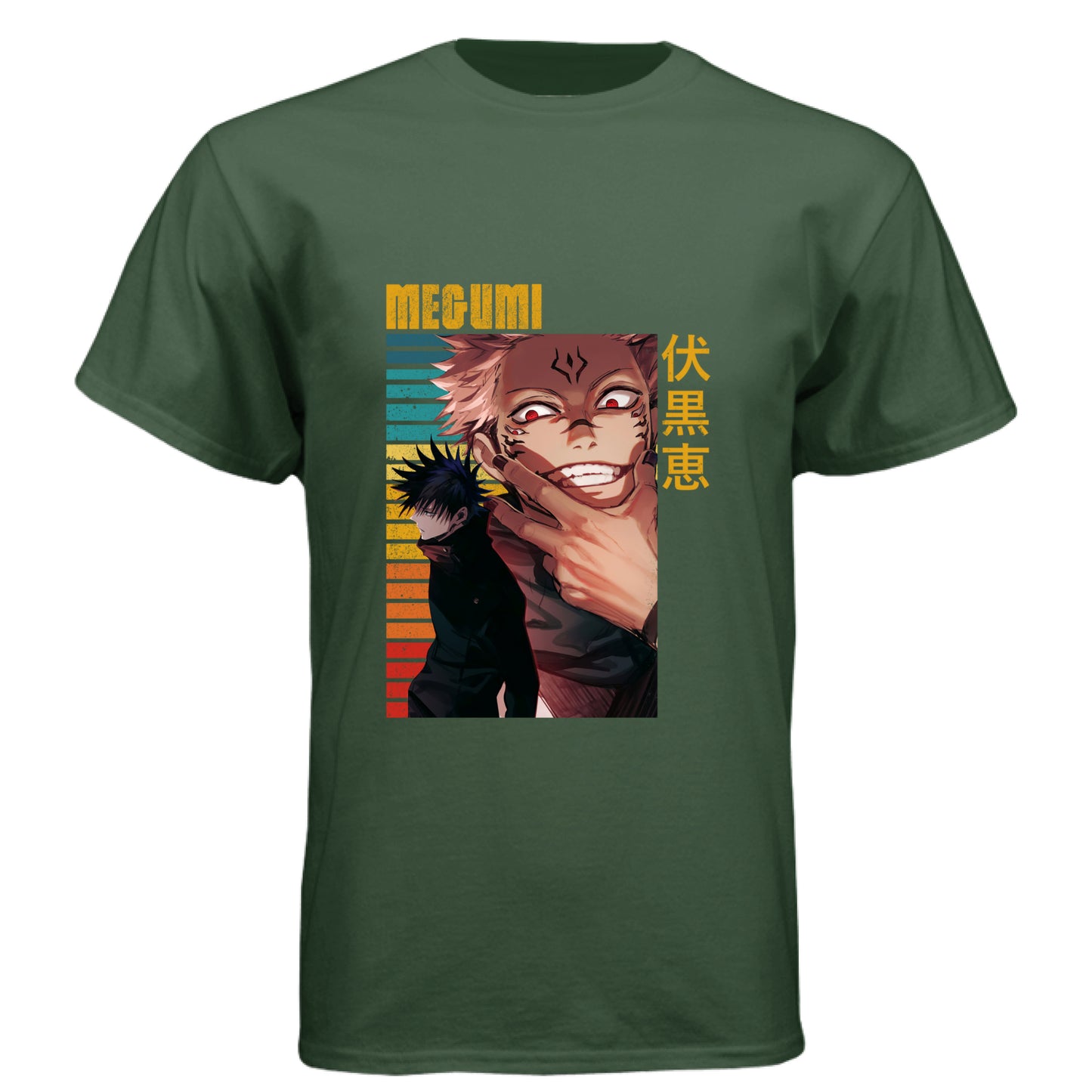 Black Forest - FRONT Jujutsu Kaisen Megumi Fushiguro and Sukuna anime t-shirt featuring rainbow gradient split possession portrait design on unisex triblend fabric
