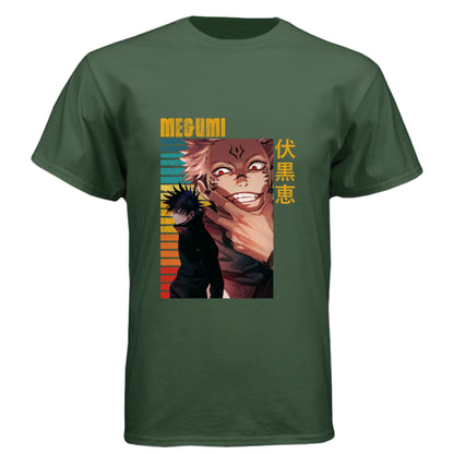 Black Forest - FRONT Jujutsu Kaisen Megumi Fushiguro and Sukuna anime t-shirt featuring rainbow gradient split possession portrait design on unisex triblend fabric
