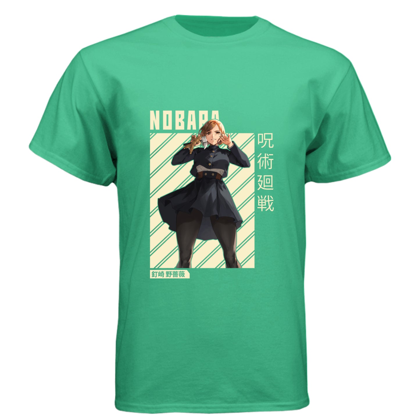 ENVY - FRONT Jujutsu Kaisen Nobara Kugisaki anime t-shirt featuring combat ready portrait with hammer and nails on unisex triblend fabric
