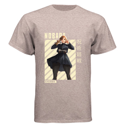 Desert Pink - FRONT Jujutsu Kaisen Nobara Kugisaki anime t-shirt featuring combat ready portrait with hammer and nails on unisex triblend fabric
