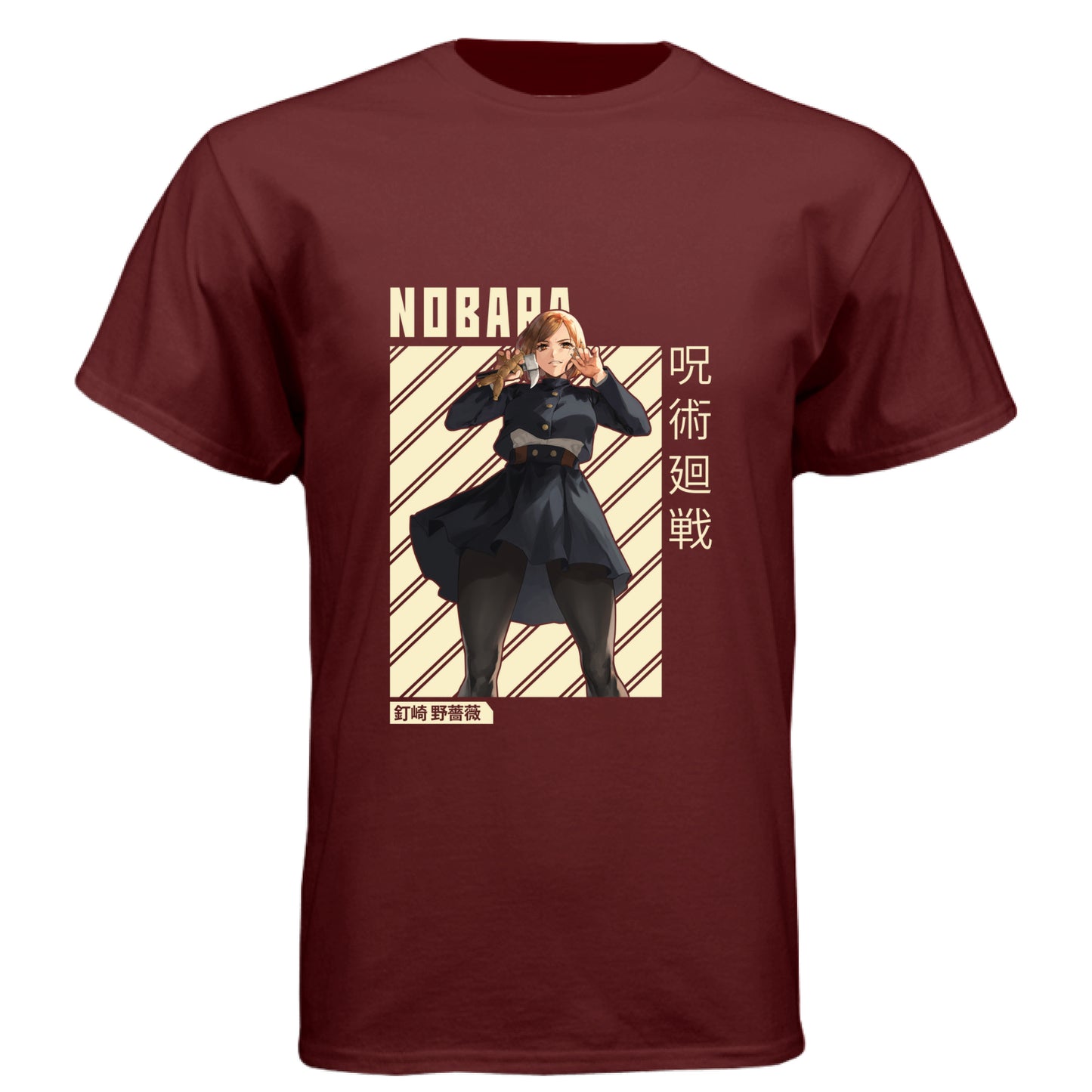 Cardinal Black - FRONT Jujutsu Kaisen Nobara Kugisaki anime t-shirt featuring combat ready portrait with hammer and nails on unisex triblend fabric

