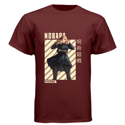 Cardinal Black - FRONT Jujutsu Kaisen Nobara Kugisaki anime t-shirt featuring combat ready portrait with hammer and nails on unisex triblend fabric
