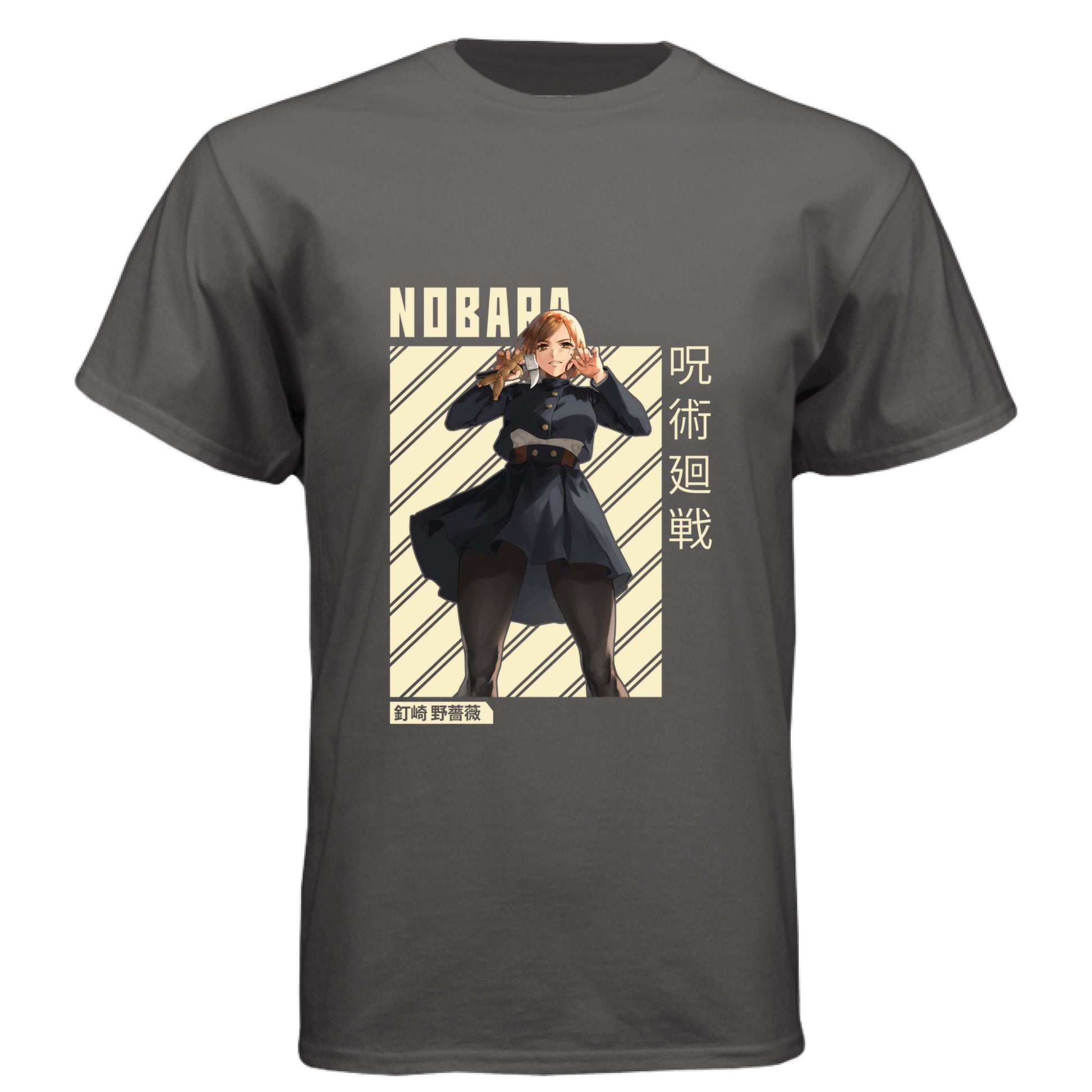 Graphite Black - FRONT Jujutsu Kaisen Nobara Kugisaki anime t-shirt featuring combat ready portrait with hammer and nails on unisex triblend fabric
