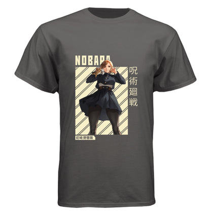 Graphite Black - FRONT Jujutsu Kaisen Nobara Kugisaki anime t-shirt featuring combat ready portrait with hammer and nails on unisex triblend fabric
