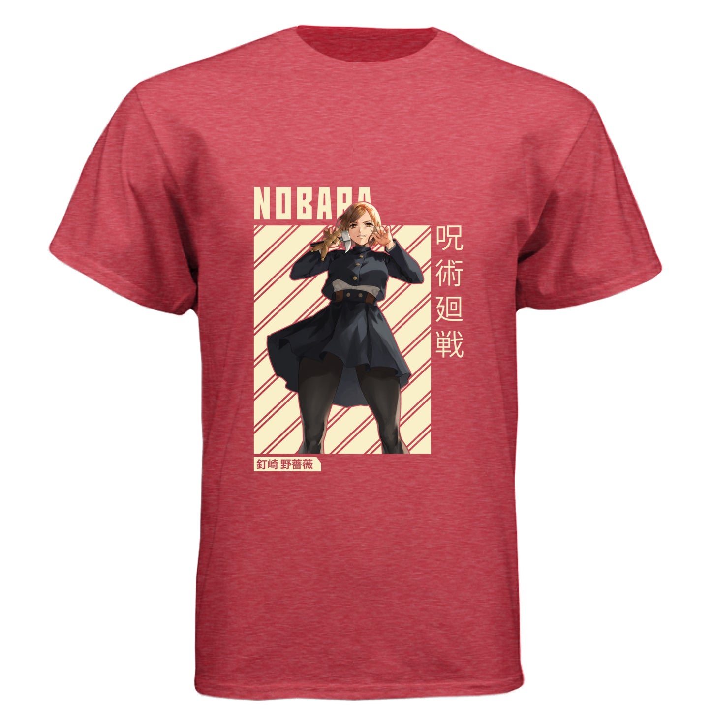 VINTAGE RED - FRONT Jujutsu Kaisen Nobara Kugisaki anime t-shirt featuring combat ready portrait with hammer and nails on unisex triblend fabric

