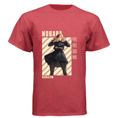VINTAGE RED - FRONT Jujutsu Kaisen Nobara Kugisaki anime t-shirt featuring combat ready portrait with hammer and nails on unisex triblend fabric
