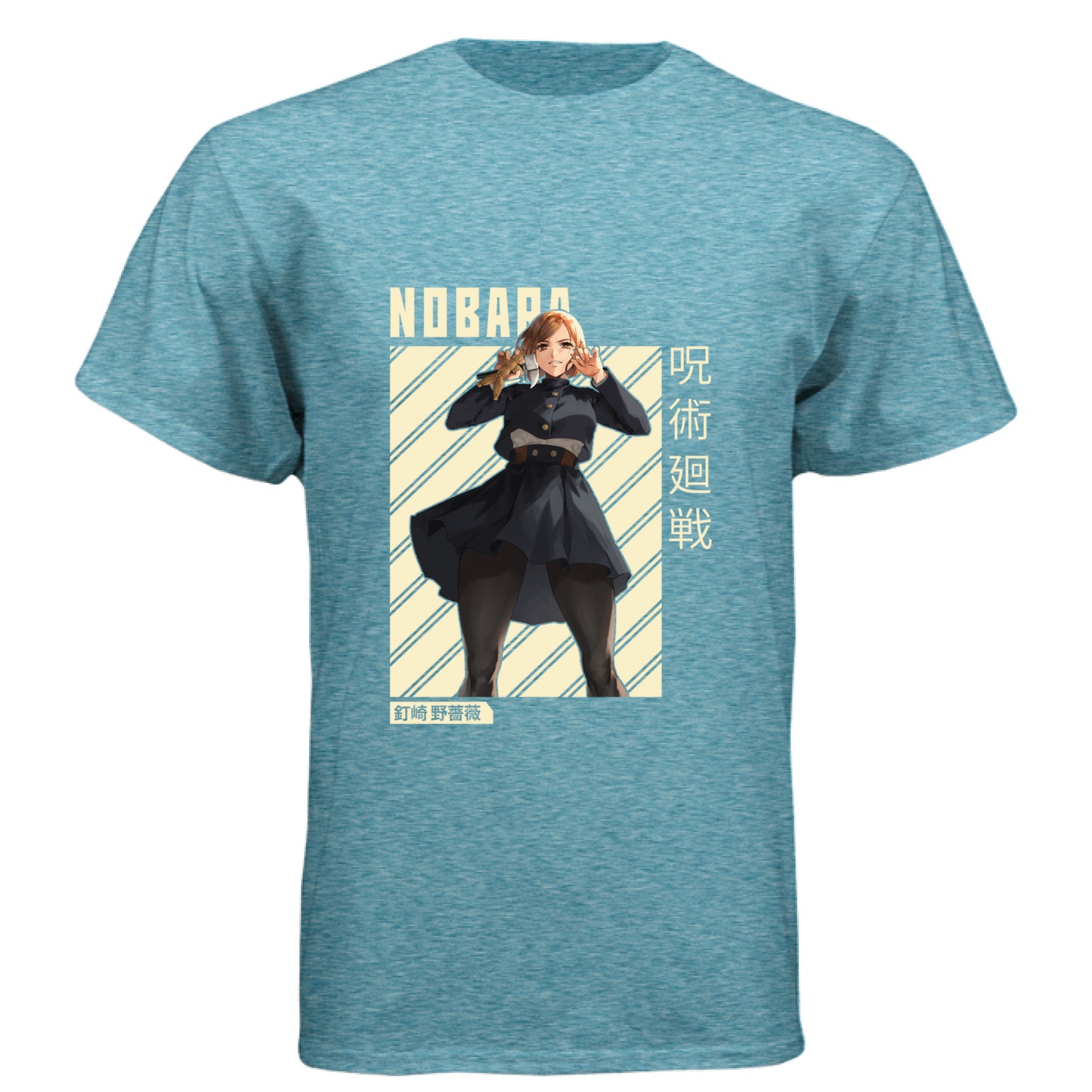 VINTAGE TURQ - FRONT Jujutsu Kaisen Nobara Kugisaki anime t-shirt featuring combat ready portrait with hammer and nails on unisex triblend fabric
