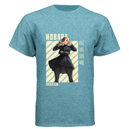 VINTAGE TURQ - FRONT Jujutsu Kaisen Nobara Kugisaki anime t-shirt featuring combat ready portrait with hammer and nails on unisex triblend fabric

