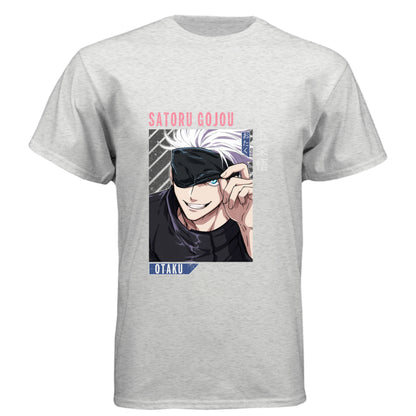 HEATHER WHITE - FRONT Jujutsu Kaisen Satoru Gojo anime t-shirt featuring blindfold and cocky smile portrait design on unisex triblend fabric
