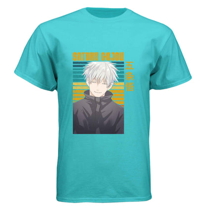 Jujutsu Kaisen Satoru Gojo T-Shirt - Retro Sunset Blue Eyes Portrait Design | Premium Unisex Triblend Tee