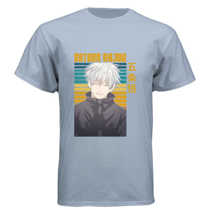 Jujutsu Kaisen Satoru Gojo T-Shirt - Retro Sunset Blue Eyes Portrait Design | Premium Unisex Triblend Tee