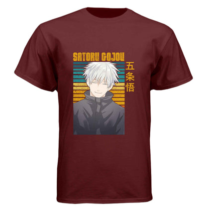 Jujutsu Kaisen Satoru Gojo T-Shirt - Retro Sunset Blue Eyes Portrait Design | Premium Unisex Triblend Tee