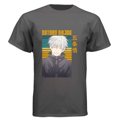 Jujutsu Kaisen Satoru Gojo T-Shirt - Retro Sunset Blue Eyes Portrait Design | Premium Unisex Triblend Tee