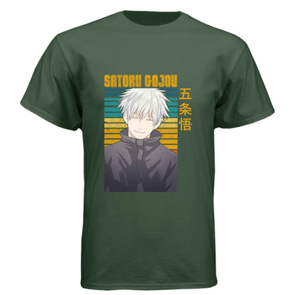 Jujutsu Kaisen Satoru Gojo T-Shirt - Retro Sunset Blue Eyes Portrait Design | Premium Unisex Triblend Tee