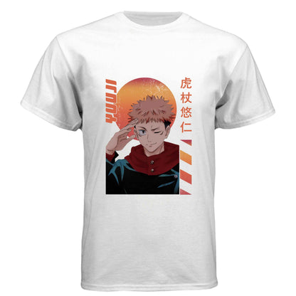 Jujutsu Kaisen Yuji Itadori T-Shirt - Retro Sunset Cursed Energy Design | Premium Unisex Triblend Tee