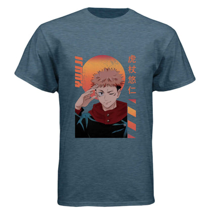 Jujutsu Kaisen Yuji Itadori T-Shirt - Retro Sunset Cursed Energy Design | Premium Unisex Triblend Tee