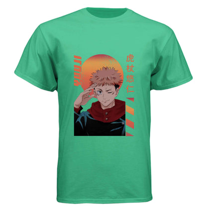 Jujutsu Kaisen Yuji Itadori T-Shirt - Retro Sunset Cursed Energy Design | Premium Unisex Triblend Tee