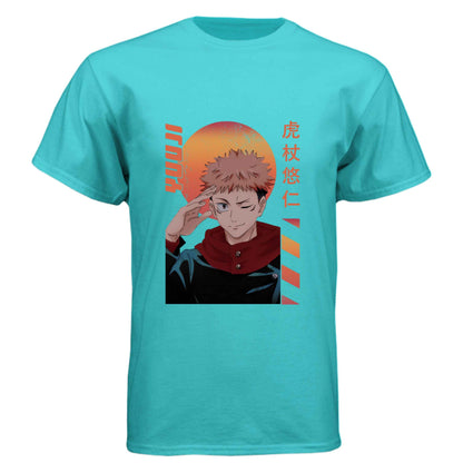 Jujutsu Kaisen Yuji Itadori T-Shirt - Retro Sunset Cursed Energy Design | Premium Unisex Triblend Tee