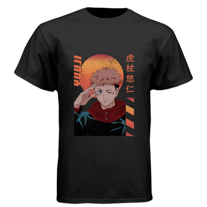 Jujutsu Kaisen Yuji Itadori T-Shirt - Retro Sunset Cursed Energy Design | Premium Unisex Triblend Tee