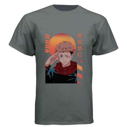 Jujutsu Kaisen Yuji Itadori T-Shirt - Retro Sunset Cursed Energy Design | Premium Unisex Triblend Tee