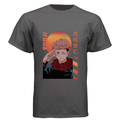 Jujutsu Kaisen Yuji Itadori T-Shirt - Retro Sunset Cursed Energy Design | Premium Unisex Triblend Tee