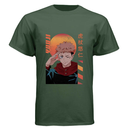 Jujutsu Kaisen Yuji Itadori T-Shirt - Retro Sunset Cursed Energy Design | Premium Unisex Triblend Tee