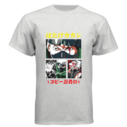 HEATHER WHITE - FRONT Naruto Kakashi Hatake anime t-shirt featuring Copy Ninja manga panel design with Sharingan on unisex triblend fabric

