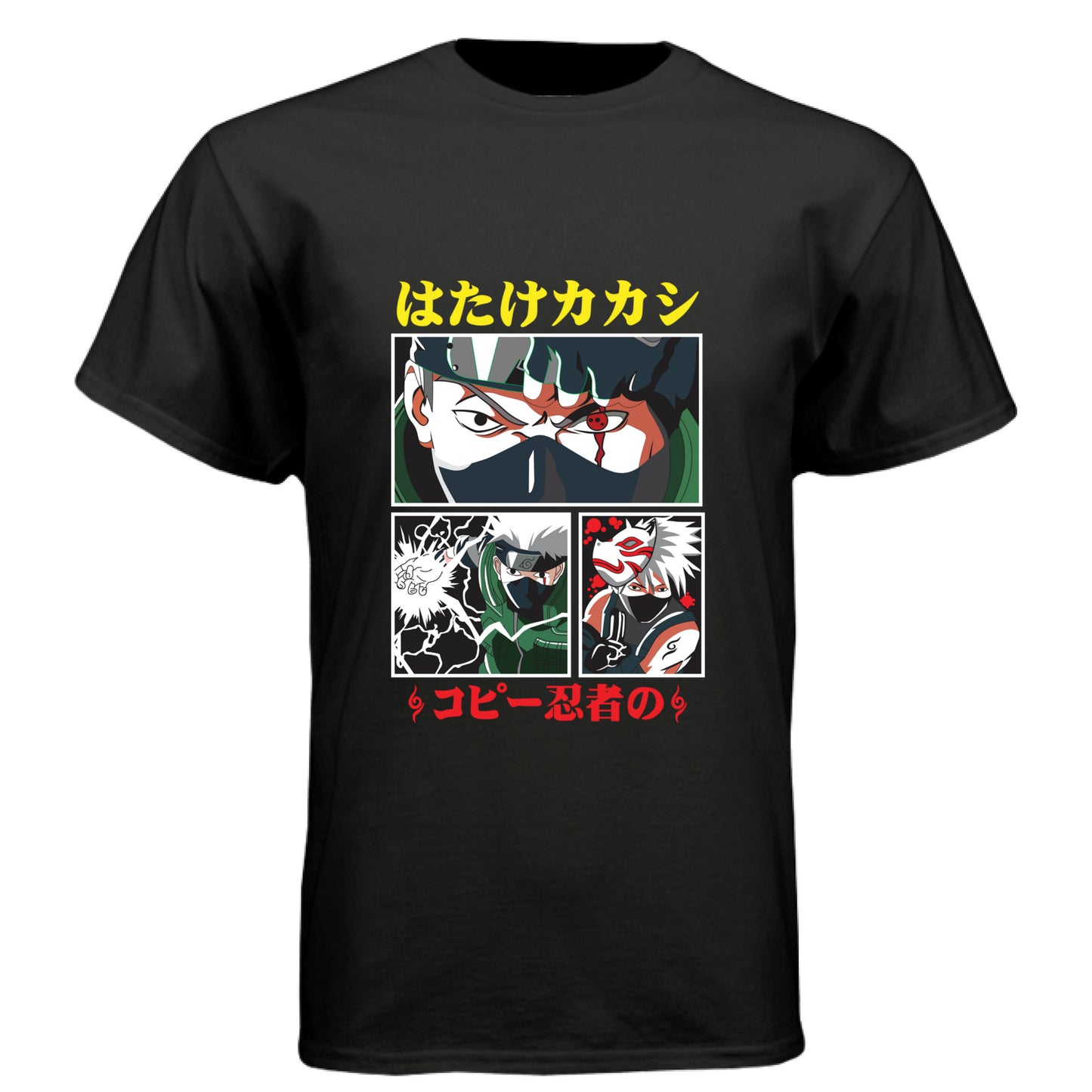 BLACK - FRONT Naruto Kakashi Hatake anime t-shirt featuring Copy Ninja manga panel design with Sharingan on unisex triblend fabric
