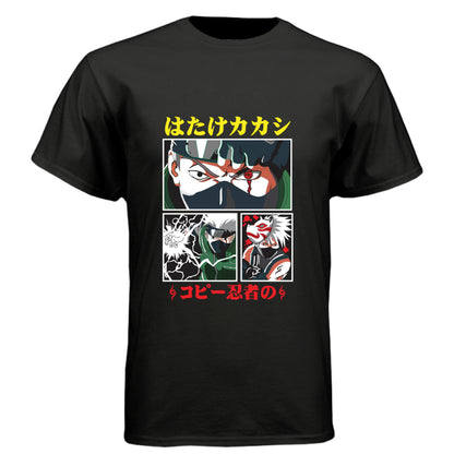 BLACK - FRONT Naruto Kakashi Hatake anime t-shirt featuring Copy Ninja manga panel design with Sharingan on unisex triblend fabric
