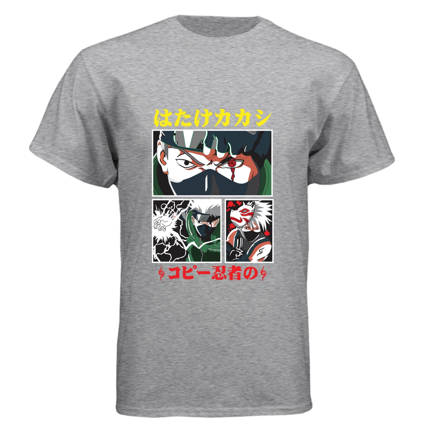 PREMIUM HEATHER - FRONT Naruto Kakashi Hatake anime t-shirt featuring Copy Ninja manga panel design with Sharingan on unisex triblend fabric
