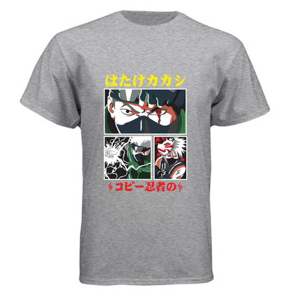 PREMIUM HEATHER - FRONT Naruto Kakashi Hatake anime t-shirt featuring Copy Ninja manga panel design with Sharingan on unisex triblend fabric
