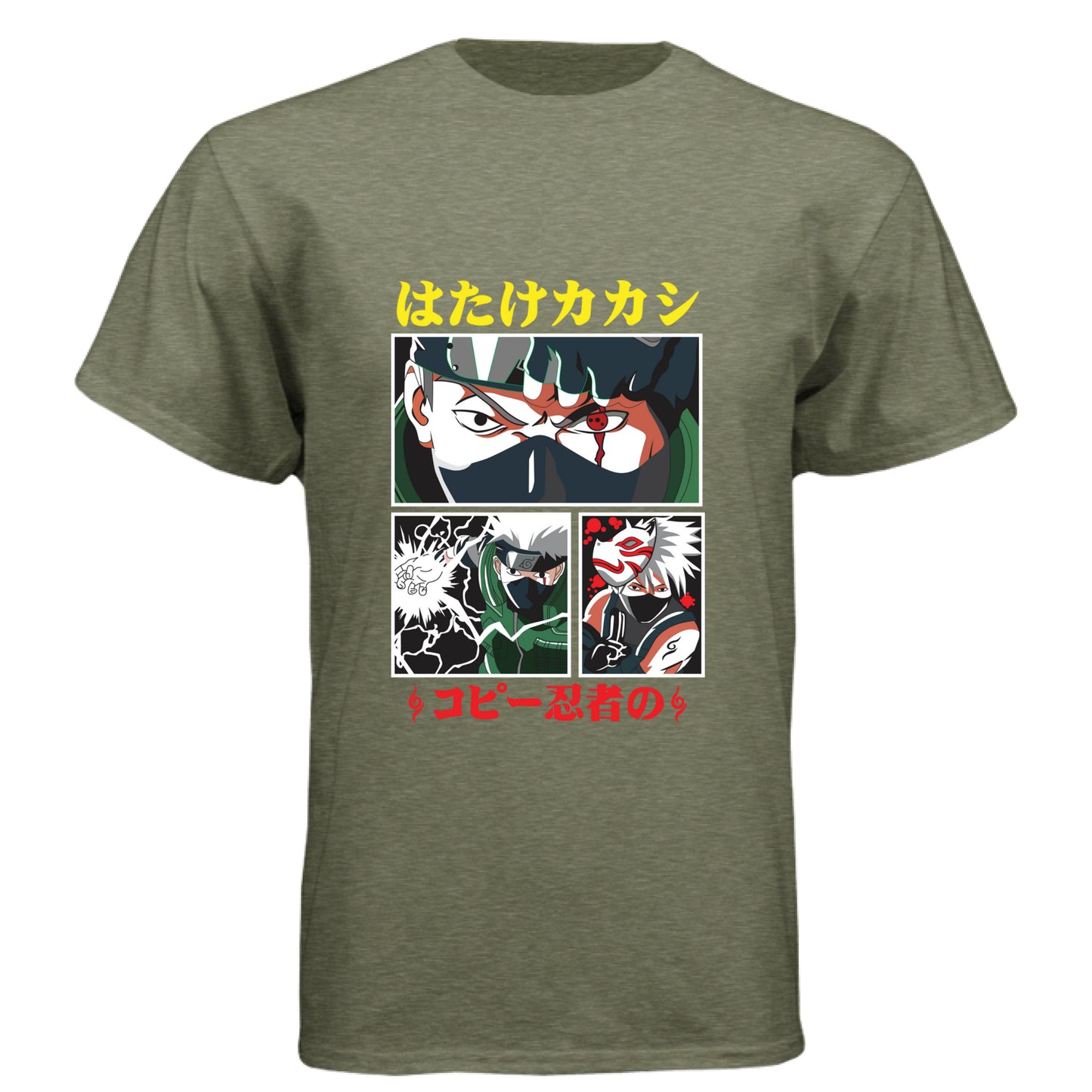 MILITARY GREEN - FRONT Naruto Kakashi Hatake anime t-shirt featuring Copy Ninja manga panel design with Sharingan on unisex triblend fabric
