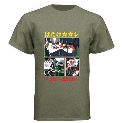 MILITARY GREEN - FRONT Naruto Kakashi Hatake anime t-shirt featuring Copy Ninja manga panel design with Sharingan on unisex triblend fabric
