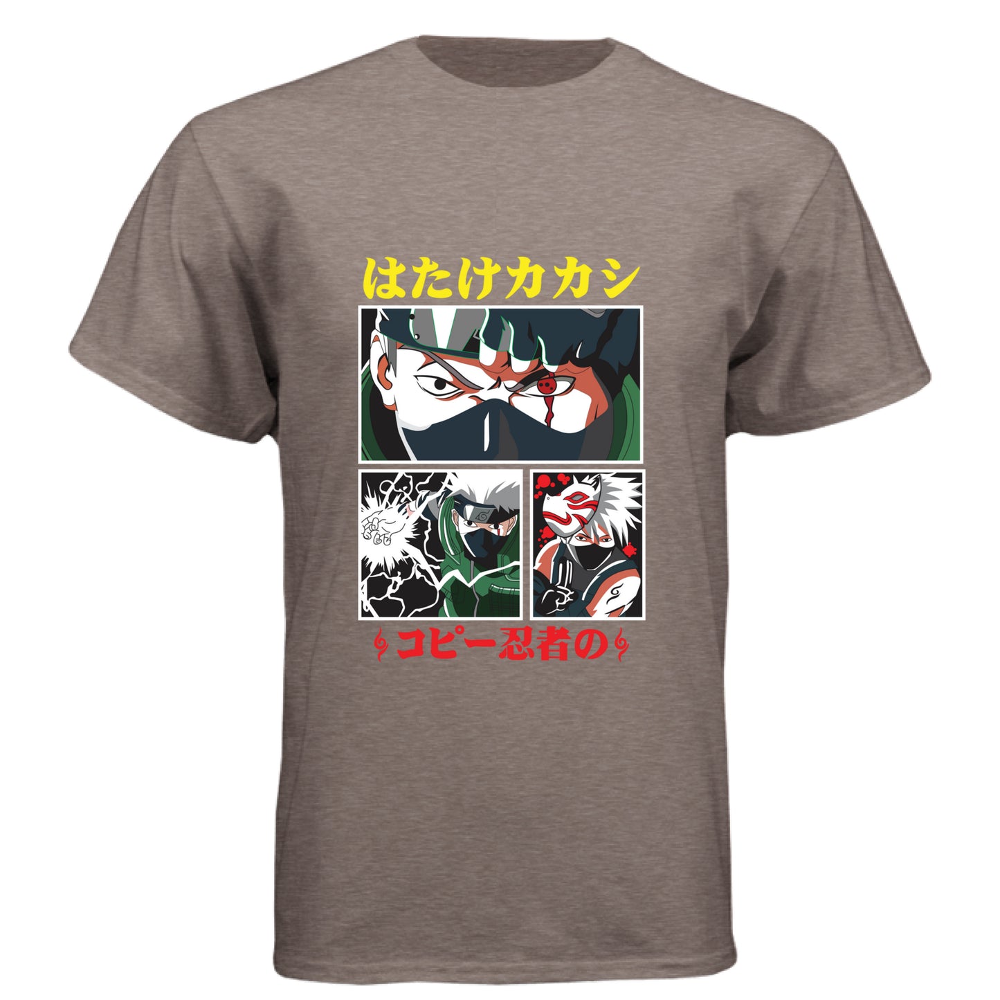 VENETIAN GRAY - FRONT Naruto Kakashi Hatake anime t-shirt featuring Copy Ninja manga panel design with Sharingan on unisex triblend fabric
