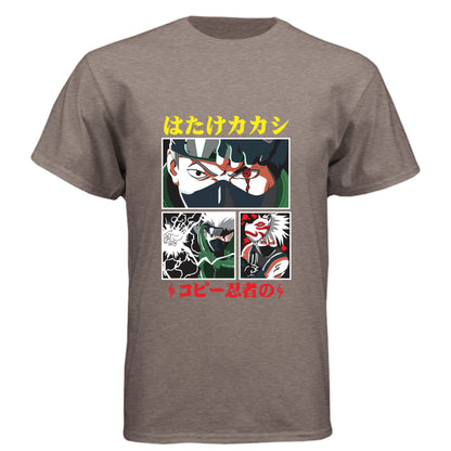 VENETIAN GRAY - FRONT Naruto Kakashi Hatake anime t-shirt featuring Copy Ninja manga panel design with Sharingan on unisex triblend fabric
